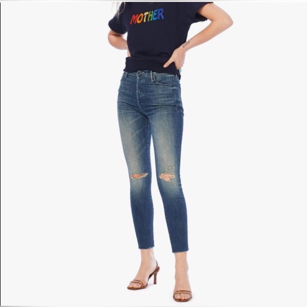 Mother The Stunner Ankle Fray Button Fly Women's Blue Distressed Jeans